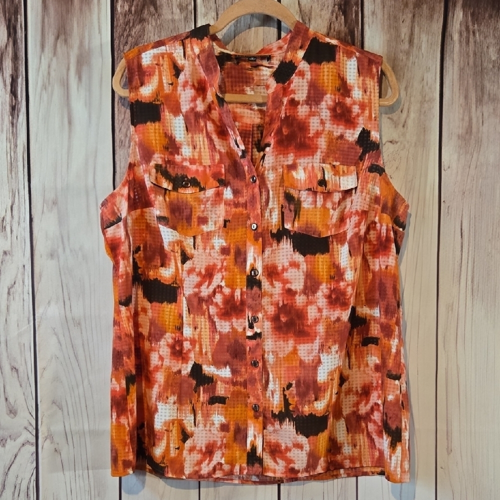 Elementz Orange, Black And Pink Sleeveless Two Pocket Blouse Size XL